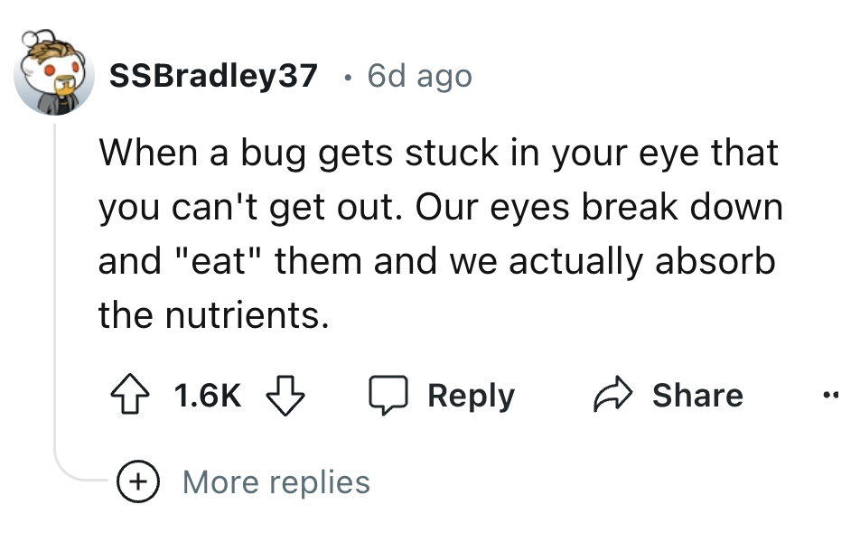 number - SSBradley37 6d ago When a bug gets stuck in your eye that you can't get out. Our eyes break down and "eat" them and we actually absorb the nutrients. More replies